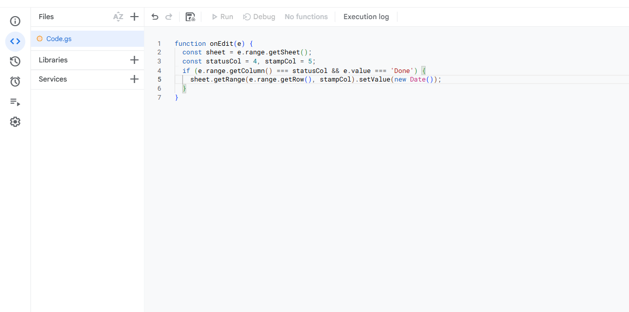 The Apps Script editor with a real onEdit function that writes a timestamp into column five whenever the status column of a sheet changes to Done
