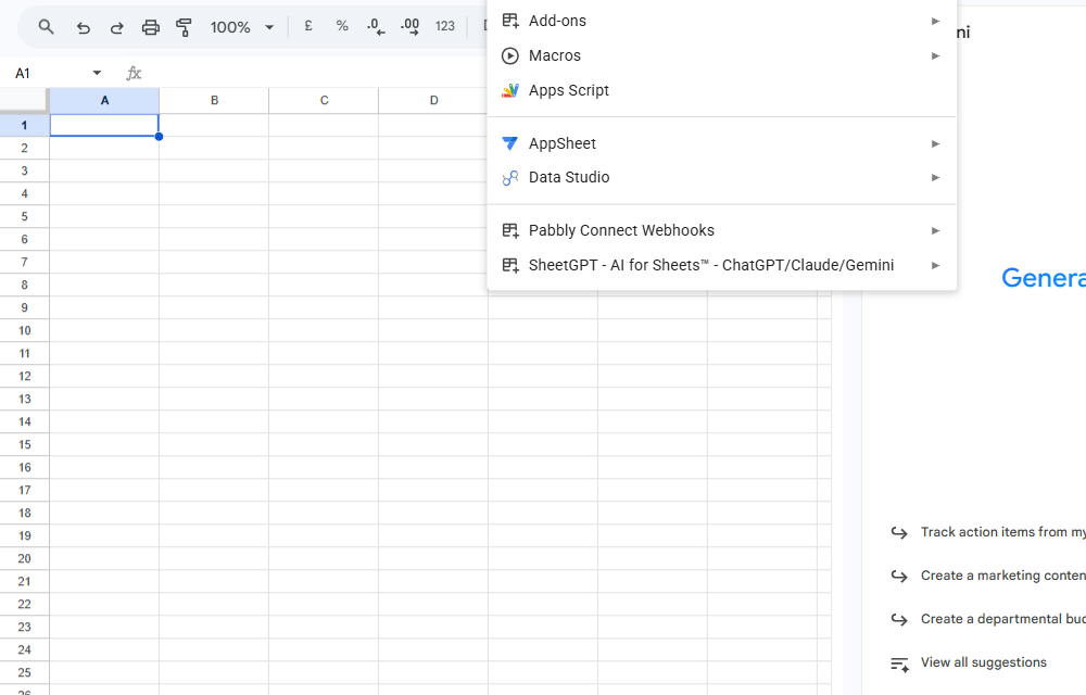 The Extensions menu open in a blank Google Sheet, showing Macros, Apps Script and AppSheet along with installed add-ons