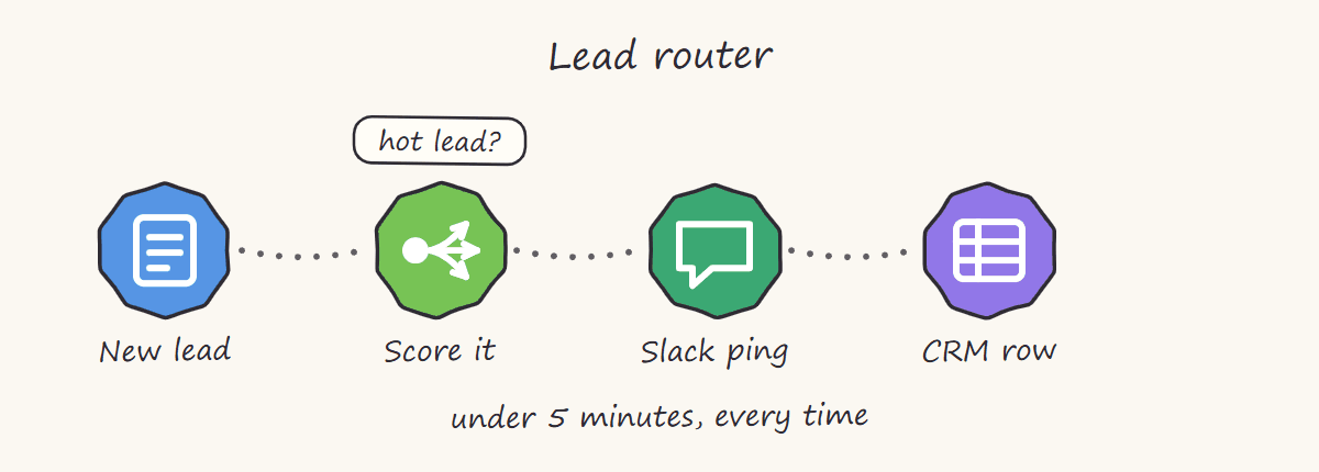 Hand-drawn sketch of a lead router: a new lead is scored, hot leads ping Slack instantly and every lead lands in the CRM